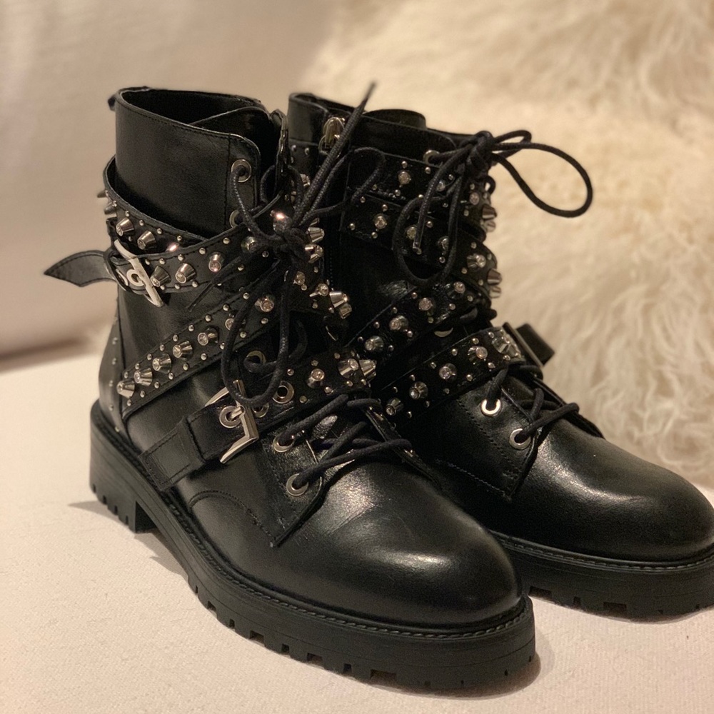 Real leather studded combat boots